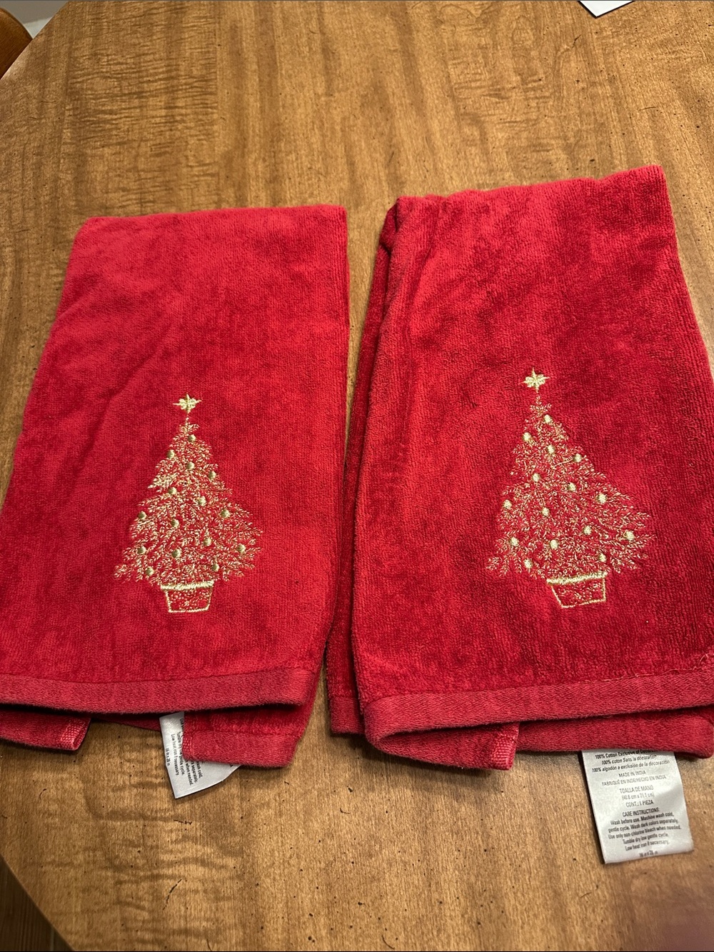 Festive Red Hand Towels with Gold Embroidered Tree - Set of 2